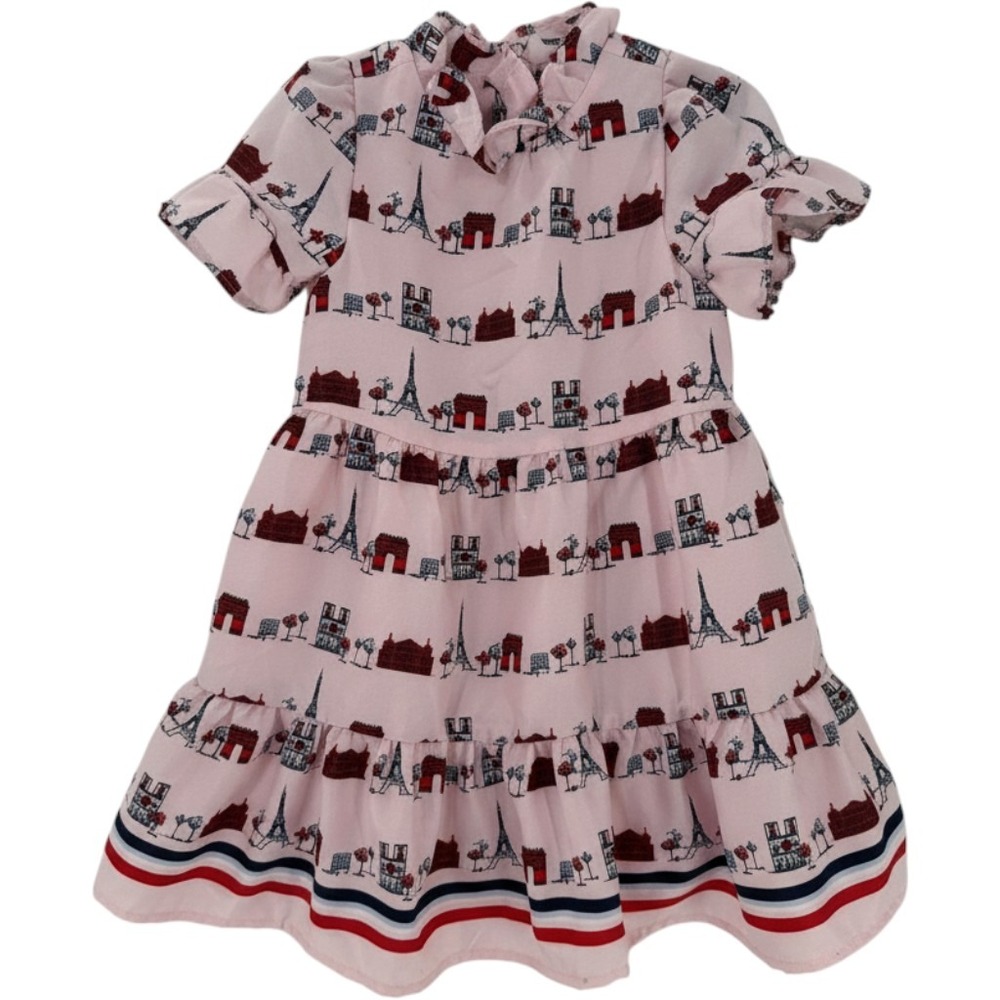Janie and Jack‎ Girls Pink Paris Landmark Print Satin Tiered Dress Size 4